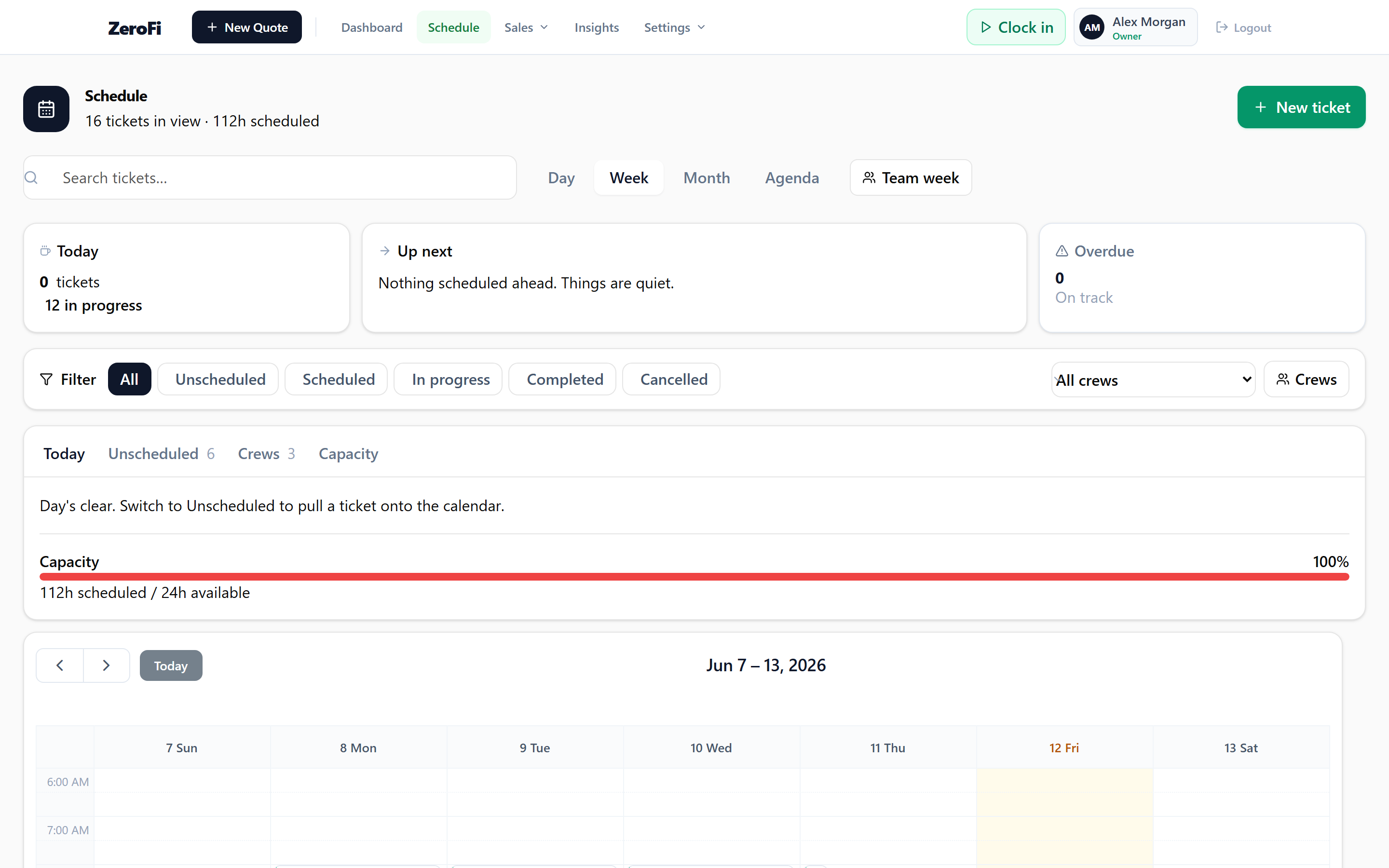 Calendar showing 112 scheduled hours over the week